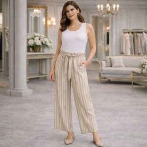 LUSANA Striped Cropped Pants Elastic Waist Belted‎ Wide Leg Relaxed Size XS